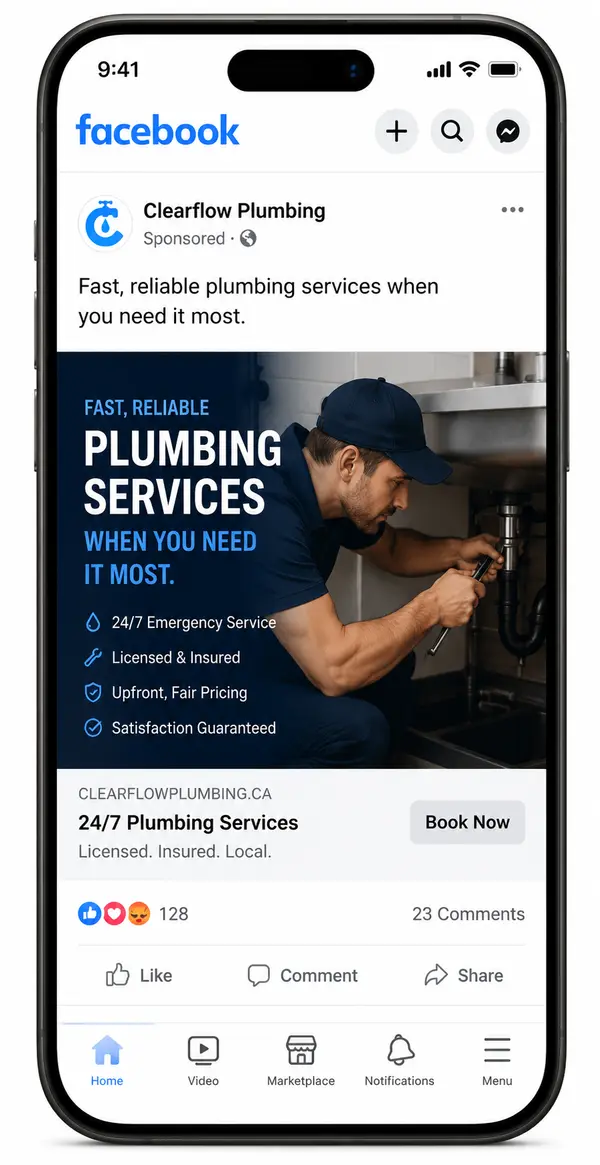 Sample Facebook feed ad — Clearflow Plumbing